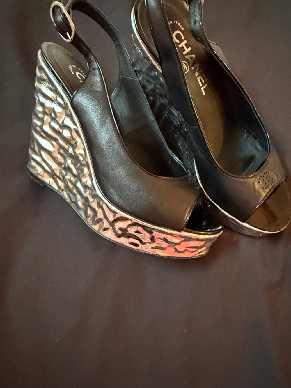 CHANEL Black Peep-Toe Slingback Wedges with Metallic Textured Platform